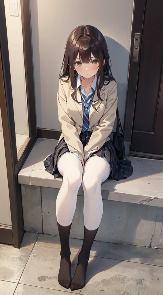 Top quality, masterpiece, High resolution, (Head to toe full body), front, frontやや下からの構図, Symmetric, Tall 18 year old girl, alone, (Head to toe), (Small breasts), bangs, (black tights), (Black Pantyhose), (Sit with your legs apart), (Crouching pose), (A composition showing white panties), (Her legs were spread、I see your white pants.), (I was made to sit on the floor with my legs spread..), (M-shaped legs), Thin legs, A very beautiful and tall 18 year old girl, (No shoes), blush, Shy big eyes, looking at the camera, Blazer Uniform, Checkered Pleated Skirt