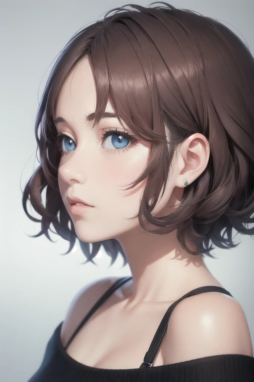girl,Character design sheet,Beautiful attention to detail,Beautiful lip detail,Very detailed目と顔,Long eyelashes,Realistic,photoRealistic:1.37,Very detailed,Professional,Vibrant colors,Portraiture,Studio Lighting,Sharp focus,Physically Based Rendering,High resolution,超High resolution. blue eyes,Big eyes， Short Hair，Curly hair、Black Hair，Forehead，Lower eyes，Nape、Off-the-shoulder knit，profile