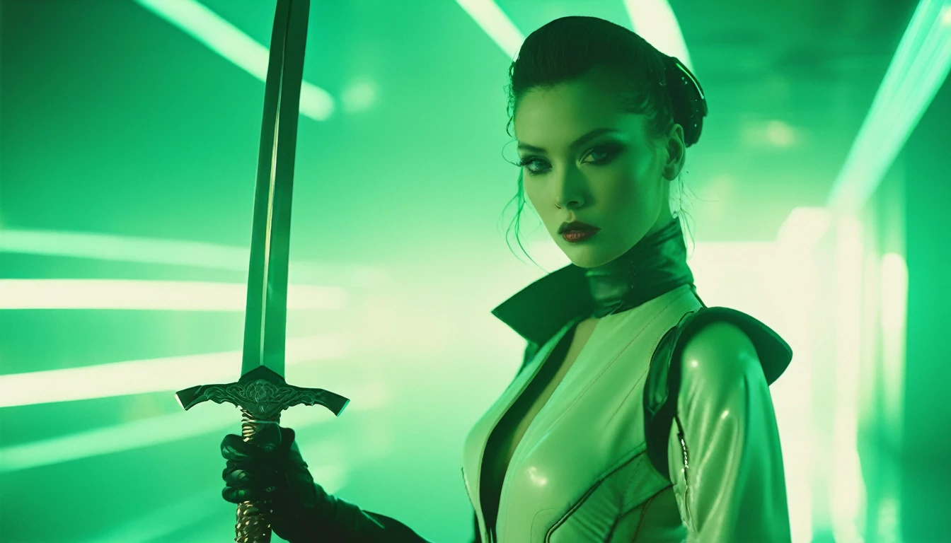 35mm vintage photo ,Beautiful female in futuristic attire holding a sword, in the style of movie still, snapshot realism, light green and white, fujifilm eterna vivid 500t, chinapunk, cyberpunk realism, poolcore --ar 73:111 --stylize 750 --v 6