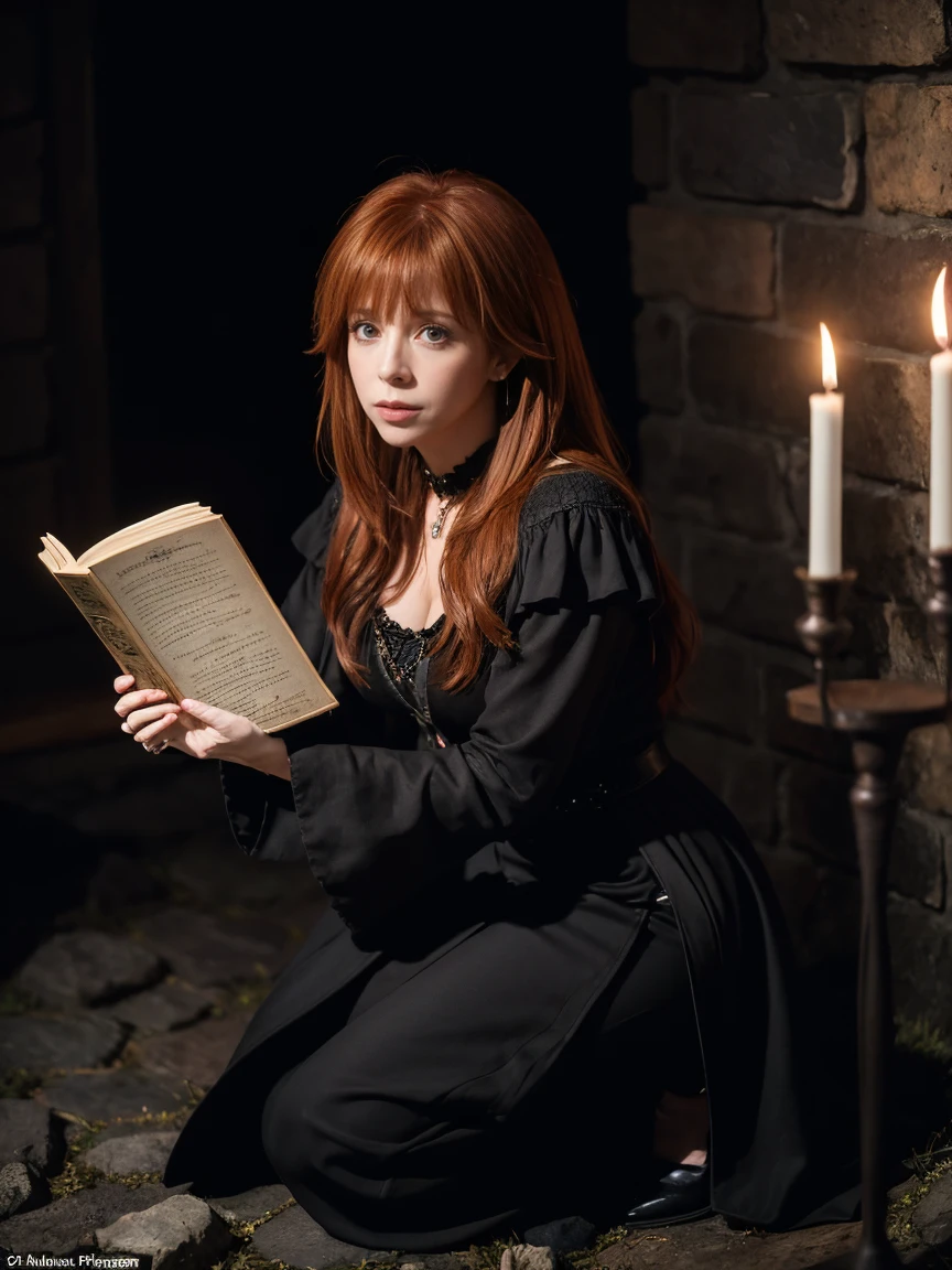 (Master's work), full body, (overdetalized), portrait in the center, 1 girl, ((Mylene Farmer)), witch clad in medieval attire, conjuring dark magic, surrounded by stone dungeon walls, candlelight casting eerie shadows, ambiance of mystique, ancient tomes scattered, arcane symbols glowing faintly, chiaroscuro effect, digital painting, dramatic lighting, HDR, CGI, (long hair), nature background, close-up, masterpiece