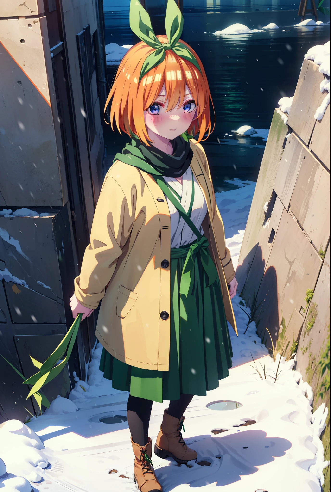 Yotsubanakano, Yotsuba Nakano, bangs, short hair, blue eyes, Hair between the eyes, hair ribbon, hair band, Orange Hair, (Green ribbon:1.5), smile, Hair between the eyes,blush, Open your mouth,White Breath,scarf,Green neck long coat,V-neck sweater,Long skirt,Black Pantyhose,short boots,Standing leaning against a wall,Snow is piling up,that&#39;it&#39;s snowing,whole bodyがイラスト入るように,Hiding in a roofed building,
break outdoors, construction area,
break looking at viewer, whole body,
break (masterpiece:1.2), Highest quality, High resolution, unity 8k wallpaper, (shape:0.8), (Beautiful attention to detail:1.6), Highly detailed face, Perfect lighting, Extremely detailed CG, (Perfect hands, Perfect Anatomy),