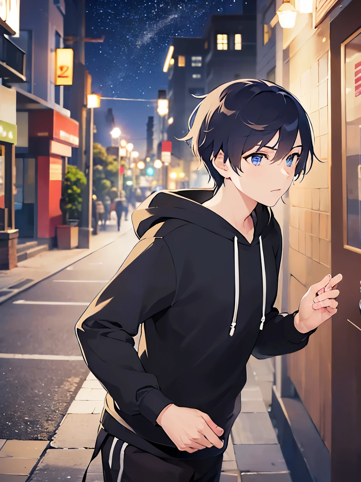 (running:1.5)(looking away:1.5)、upper body、Side shot shiny skin, masterpiece、Highest quality、(25-year-old male:1.5) and (Black short hair) and (blue eyes) black hoodie,Running in the background of a night park、Sweat、(Night Sky:1.5),grass、wood、Street lamp