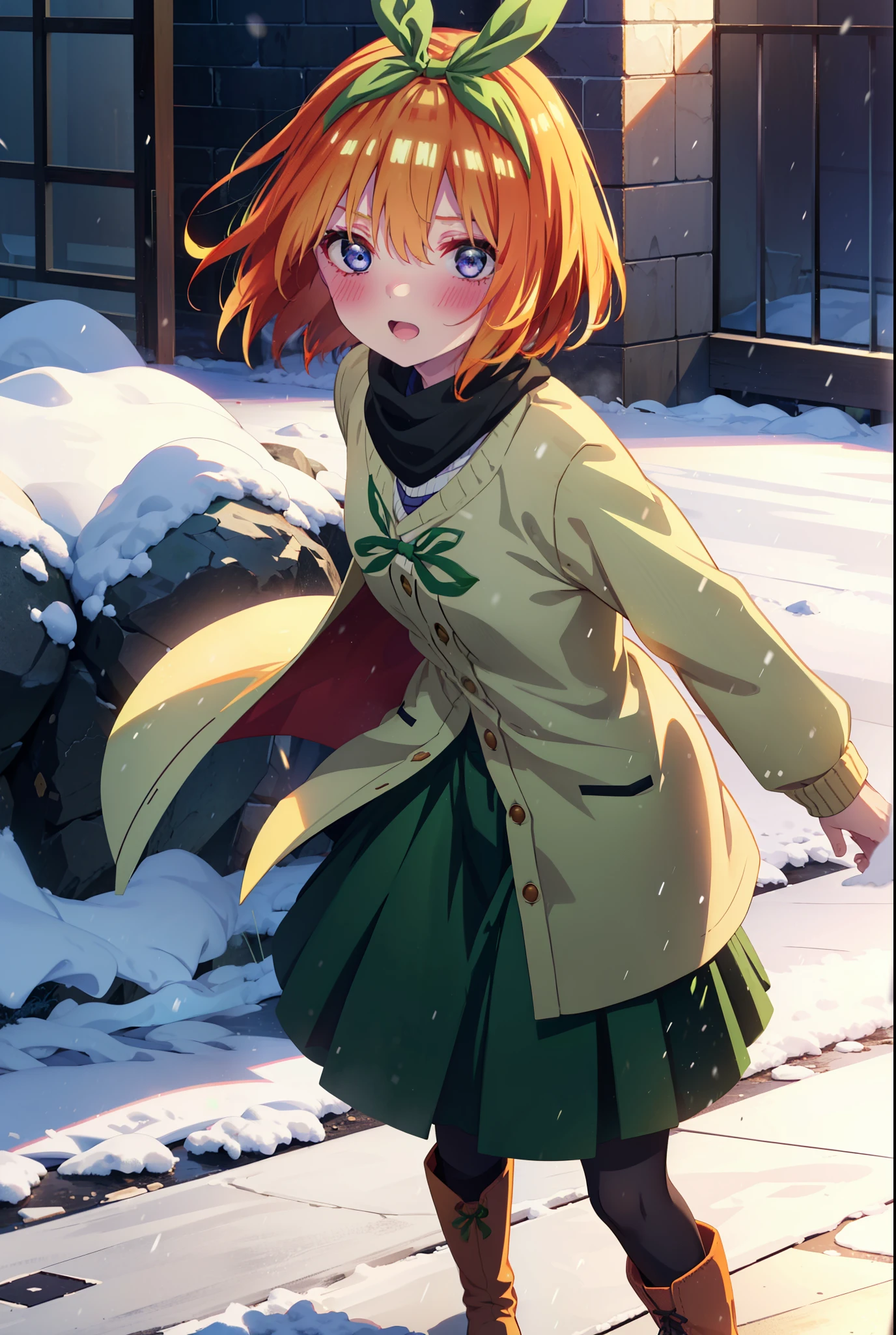 Yotsubanakano, Yotsuba Nakano, bangs, short hair, blue eyes, Hair between the eyes, hair ribbon, hair band, Orange Hair, (Green ribbon:1.5), smile, Hair between the eyes,blush, Open your mouth,White Breath,scarf,Green neck long coat,V-neck sweater,Long skirt,Black Pantyhose,short boots,Standing leaning against a wall,Snow is piling up,that&#39;it&#39;s snowing,whole bodyがイラスト入るように,Hiding in a roofed building,
break outdoors, construction area,
break looking at viewer, whole body,
break (masterpiece:1.2), Highest quality, High resolution, unity 8k wallpaper, (shape:0.8), (Beautiful attention to detail:1.6), Highly detailed face, Perfect lighting, Extremely detailed CG, (Perfect hands, Perfect Anatomy),