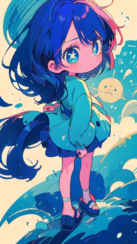 Blue-haired long hair,Design clothing,Seven-doppelganger shot,Anime style 4K,Anime girl with teal hair,High quality anime art style,Standing painting,Splash ink background,Blue Themes、Pure white background,Buildings,Face close-up,Buildings,Moon and sun、Long legs, whale flying in the sky