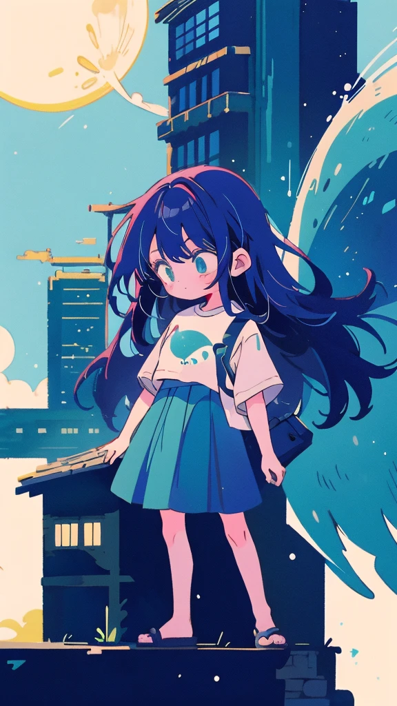 Blue-haired long hair,Design clothing,Seven-doppelganger shot,Anime style 4K,Anime girl with teal hair,High quality anime art style,Standing painting,Splash ink background,Blue Themes、Pure white background,Buildings,Face close-up,Buildings,Moon and sun、Long legs, whale flying in the sky