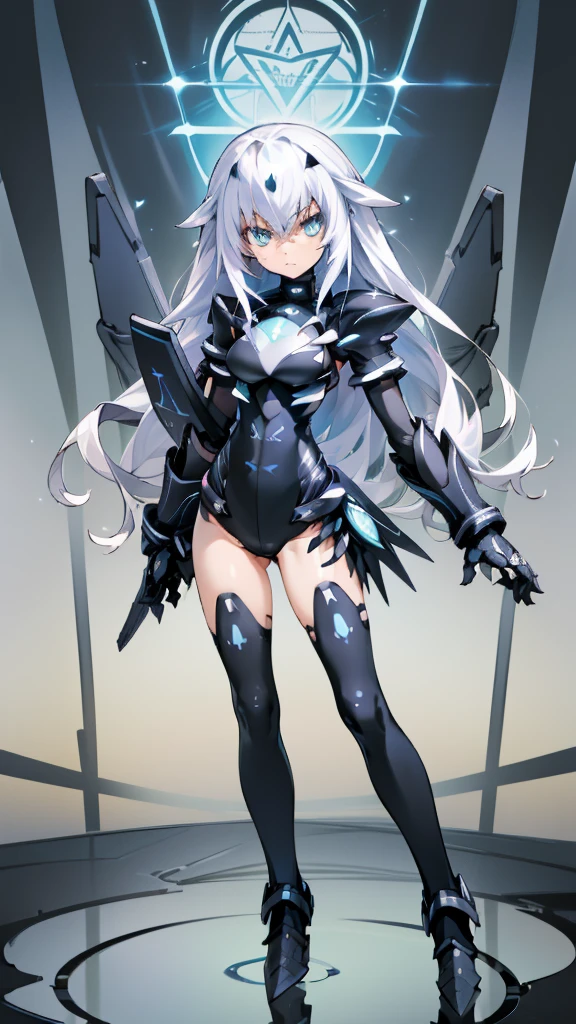 ((detailed), high_quality, master_quality, (realistic), (full_body), standing, 8k, masterpiece, (Black_Heart), white_hair, medium_breasts, sexy, BlackHeartBase, symbol-shaped pupils, black leotard, elbow gloves, (melusine), 1stascend, black thighhighs, armor, armored dress, (blue armor), breastplate, gloves, mask, pauldrons, shoulder armor, high_heels