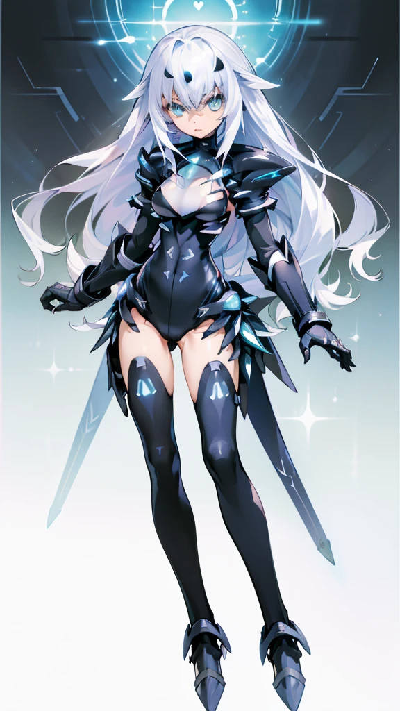 ((detailed), high_quality, master_quality, (realistic), (full_body), standing, 8k, masterpiece, (Black_Heart), white_hair, medium_breasts, sexy, BlackHeartBase, symbol-shaped pupils, black leotard, elbow gloves, (melusine), 1stascend, black thighhighs, armor, armored dress, (blue armor), breastplate, gloves, mask, pauldrons, shoulder armor, high_heels