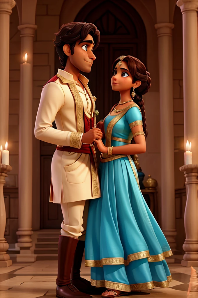 An indian man and woman looking at each other romantically during wedding in the style of beauty and the beast.
