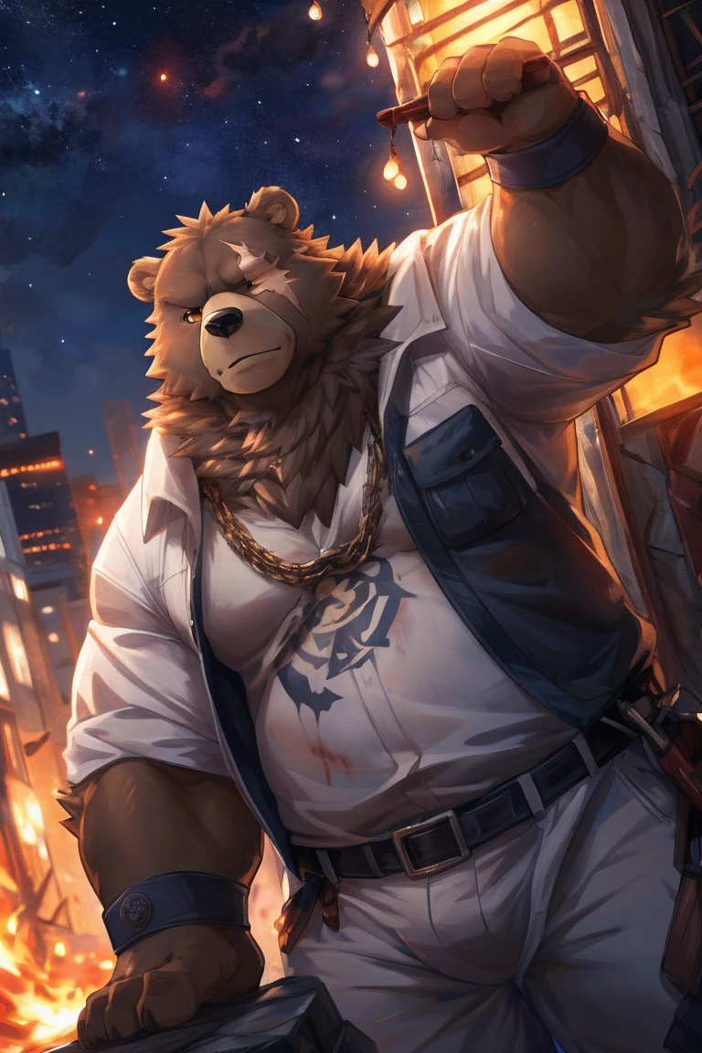 human nature, Wildlife, male,36 years old，Uncle， solitary, ((Round Face, The face is plump,Orange eyes,thick brown hair，Furry little ears with scars)), ((Endomorph, Handsome的，Hot Blood)), （construction worker，White architectural clothing), ((domestic brown bear, Bear Orc，) Fluffy fur, Fluffy), Bokeh, (high quality, high resolution, masterpiece), (Dynamic Lighting, Vibrant colors，Natural fill light), (Revitalize，Handsome，), Full body picture (close up), cartoon, author：Takemoto Arashi, From zixiong, By Chunni, author：Empty Ghost，moonlight，Cliff Edge，Leaning against the building，Night，Invite the other ，Beautiful starry sky，（background：moonlight的Cliff Edge）