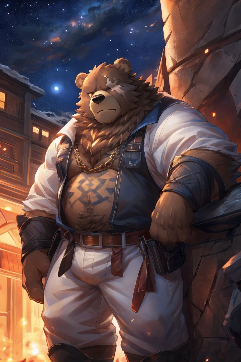 human nature, Wildlife, male,36 years old，Uncle， solitary, ((Round Face, The face is plump,Orange eyes,thick brown hair，Furry little ears with scars)), ((Endomorph, Handsome的，Hot Blood)), （construction worker，White architectural clothing), ((domestic brown bear, Bear Orc，) Fluffy fur, Fluffy), Bokeh, (high quality, high resolution, masterpiece), (Dynamic Lighting, Vibrant colors，Natural fill light), (Revitalize，Handsome，), Full body picture (close up), cartoon, author：Takemoto Arashi, From zixiong, By Chunni, author：Empty Ghost，moonlight，Cliff Edge，Leaning against the building，Night，Invite the other ，Beautiful starry sky，（background：moonlight的Cliff Edge）