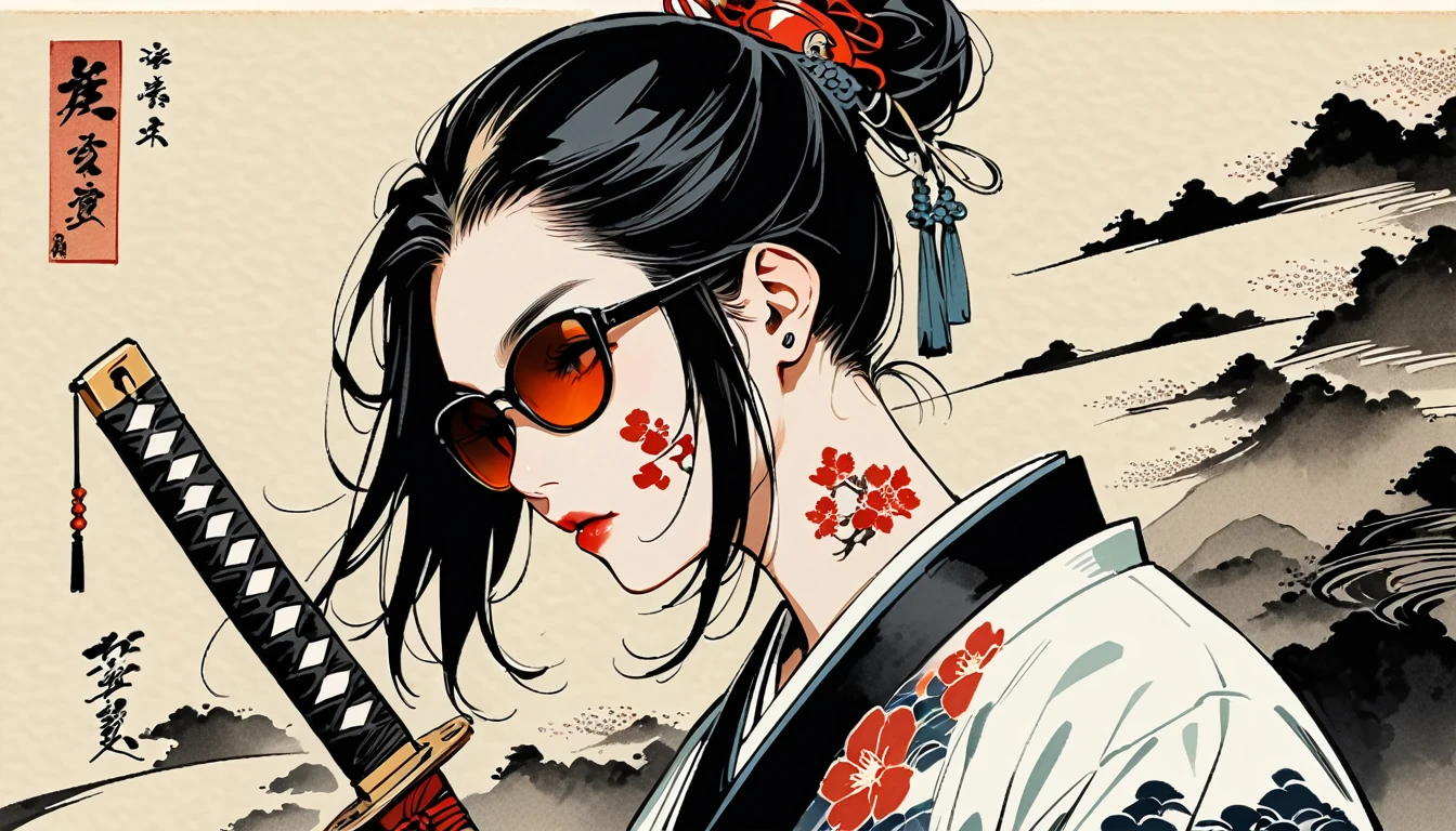 Ink Painting, (((1 person))), (((Tattoo on face))), (((sunglasses))), Japanese style headphones, Japanese sword, beautiful girl, Black Hair, Delicate and precise, Modern ukiyo-e style, Female Samurai