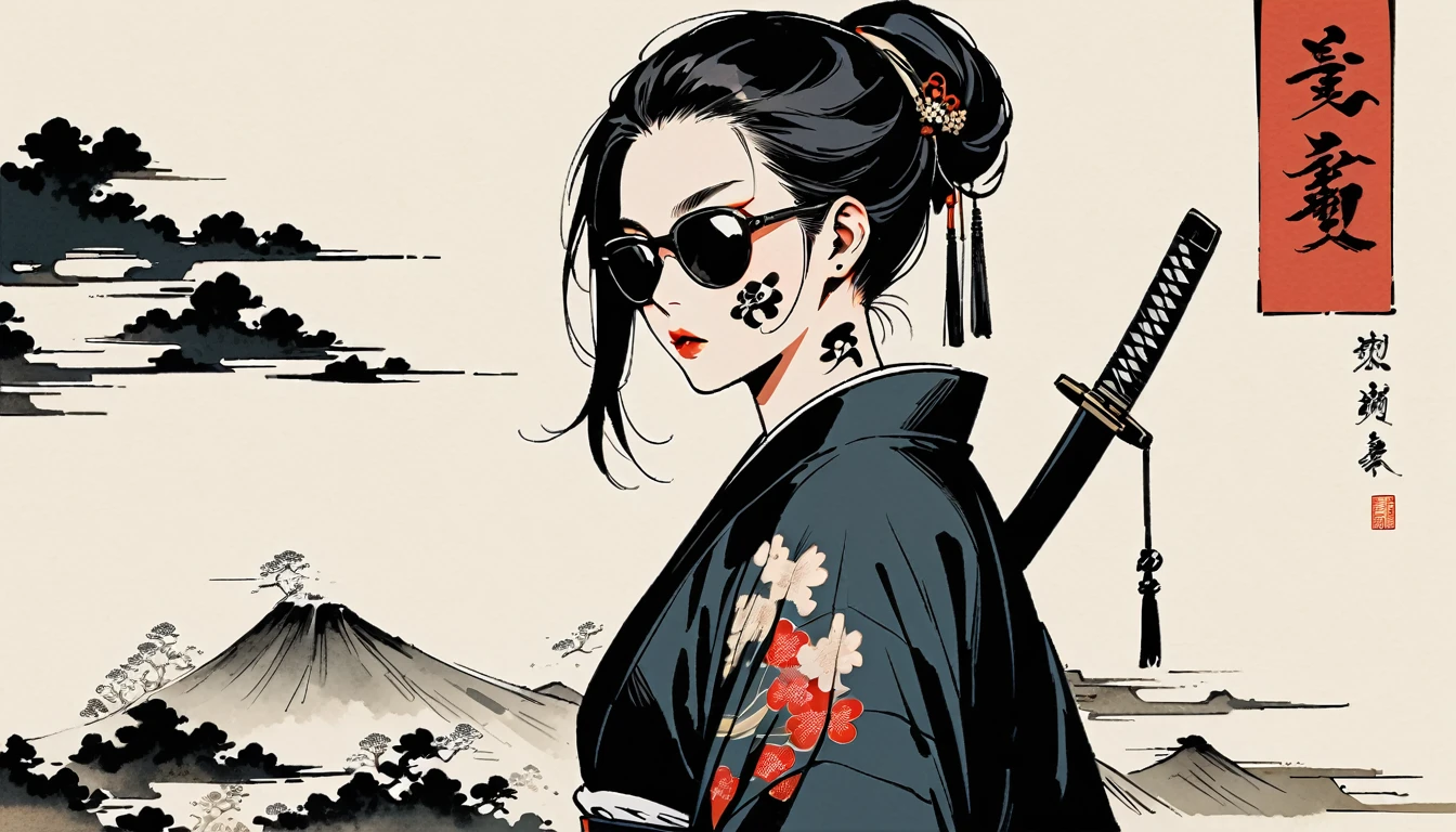 Ink Painting, (((1 person))), (((Tattoo on face))), (((sunglasses))), Japanese style headphones, Japanese sword, beautiful girl, Black Hair, Delicate and precise, Modern ukiyo-e style, Female Samurai