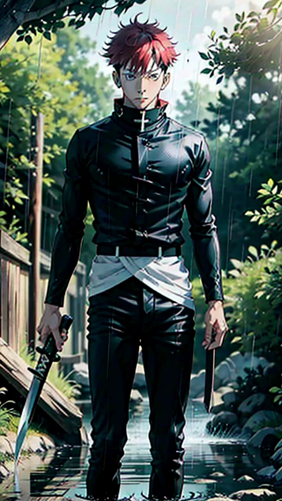 a dashing male anime character with a thin, handsome face, charismatic "shanks" in the "one pice" series wearing a white shirt, short black jeans, and holding a pirate katana, and a black robe, short red hair, with resolution HD, 4k anime with forest background and water, falling rain.