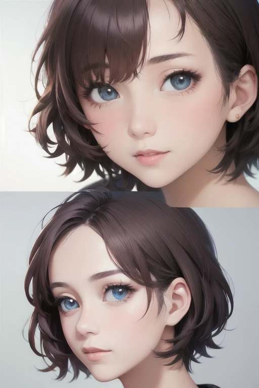 girl,Character design sheet,Beautiful attention to detail,Beautiful lip detail,Very detailed目と顔,Long eyelashes,Realistic,photoRealistic:1.37,Very detailed,Professional,Vibrant colors,Portraiture,Studio Lighting,Sharp focus,Physically Based Rendering,High resolution,超High resolution. blue eyes,Big eyes， Short Hair，Curly hair、Black Hair，Forehead，Lower eyes，Nape、Off-the-shoulder knit，profile