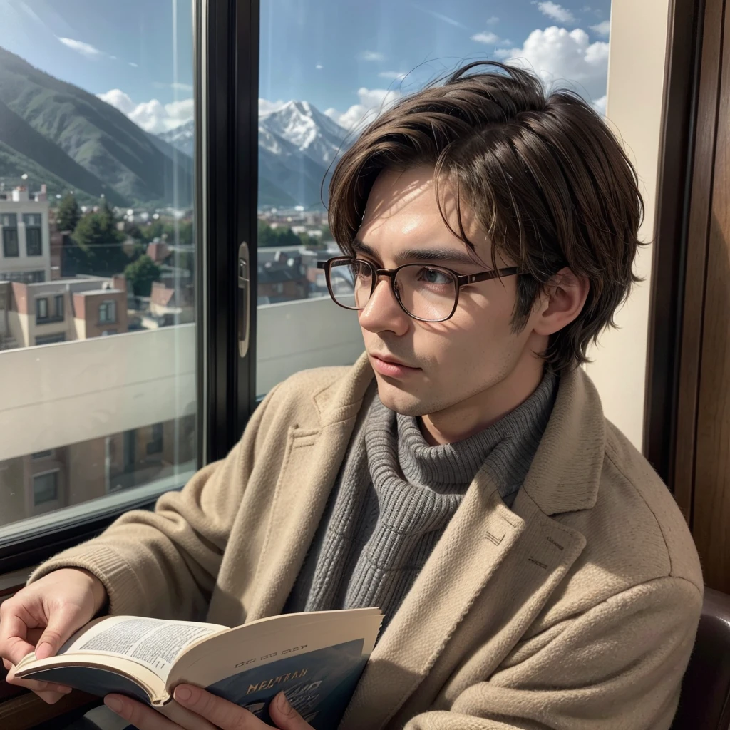 I want you to generate an image of a man wearing glasses with medium brown hair and brown eyes reading a book in a room with a window in the background with a beautiful landscape