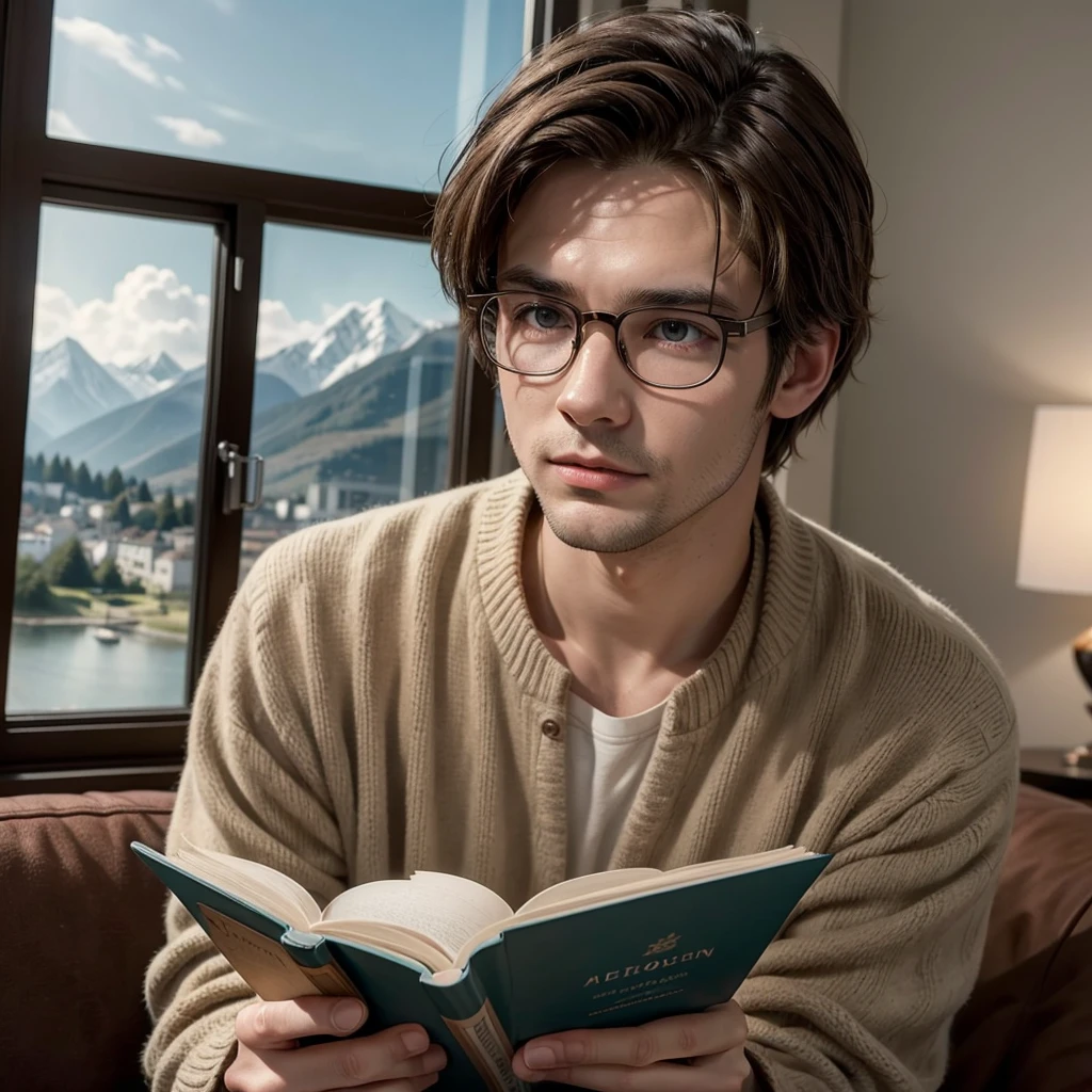 I want you to generate an image of a man wearing glasses with medium brown hair and brown eyes reading a book in a room with a window in the background with a beautiful landscape