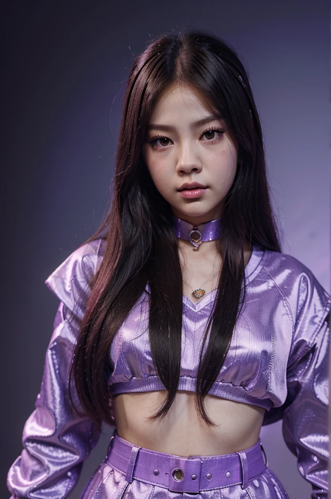 Digital manhwa 3d of jennie blackpink with a pretty face and cool ekspretion holding an eagle with an epic purple background.