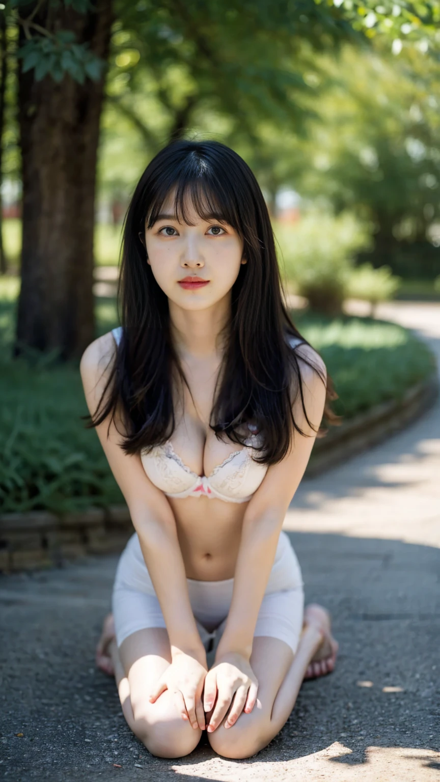 Best quality, masterpiece, ultra high res, (photorealistic:1.5), raw photo, 1girl, in the park, deep shadow, low key, cold light, sexy look, ample bust , bra outlined visible, bra strap, Natural breast size, , (long hair), (full body), kneeling on the ground, (keep your feet together), I don't see arms.