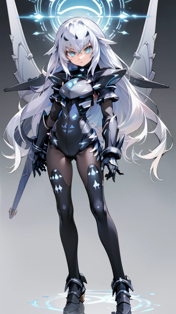 ((detailed), high_quality, master_quality, (realistic), (full_body), standing, 8k, masterpiece, (Black_Heart), white_hair, medium_breasts, sexy, BlackHeartBase, symbol-shaped pupils, black leotard, elbow gloves, (melusine), 1stascend, black thighhighs, armor, armored dress, (blue armor), breastplate, gloves, mask, pauldrons, shoulder armor, high_heels