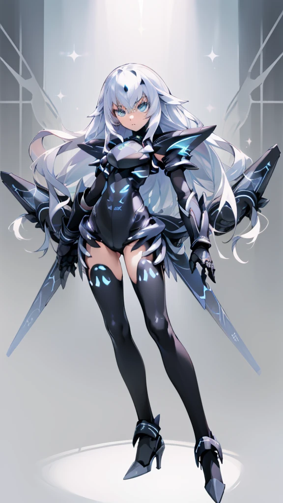 ((detailed), high_quality, master_quality, (realistic), (full_body), standing, 8k, masterpiece, (Black_Heart), white_hair, medium_breasts, sexy, BlackHeartBase, symbol-shaped pupils, black leotard, elbow gloves, (melusine), 1stascend, black thighhighs, armor, armored dress, (blue armor), breastplate, gloves, mask, pauldrons, shoulder armor, high_heels