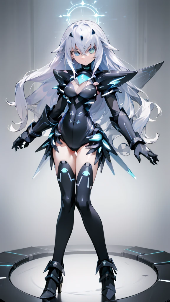 ((detailed), high_quality, master_quality, (realistic), (full_body), standing, 8k, masterpiece, (Black_Heart), white_hair, medium_breasts, sexy, BlackHeartBase, symbol-shaped pupils, black leotard, elbow gloves, (melusine), 1stascend, black thighhighs, armor, armored dress, (blue armor), breastplate, gloves, mask, pauldrons, shoulder armor, high_heels