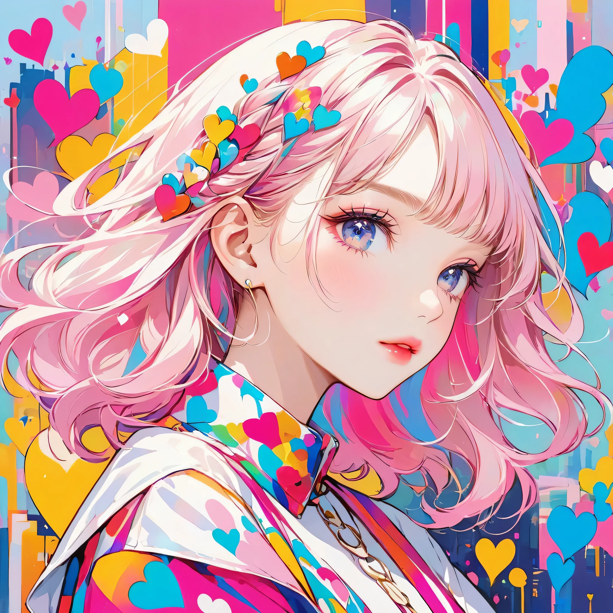 Mika Pikazo Pink and White style, Simple Line Initialism,Abstract art,Urban Background, (((The most beautiful girl of all time))), Sweet face. Lips in love, colorful hearts, stylish design