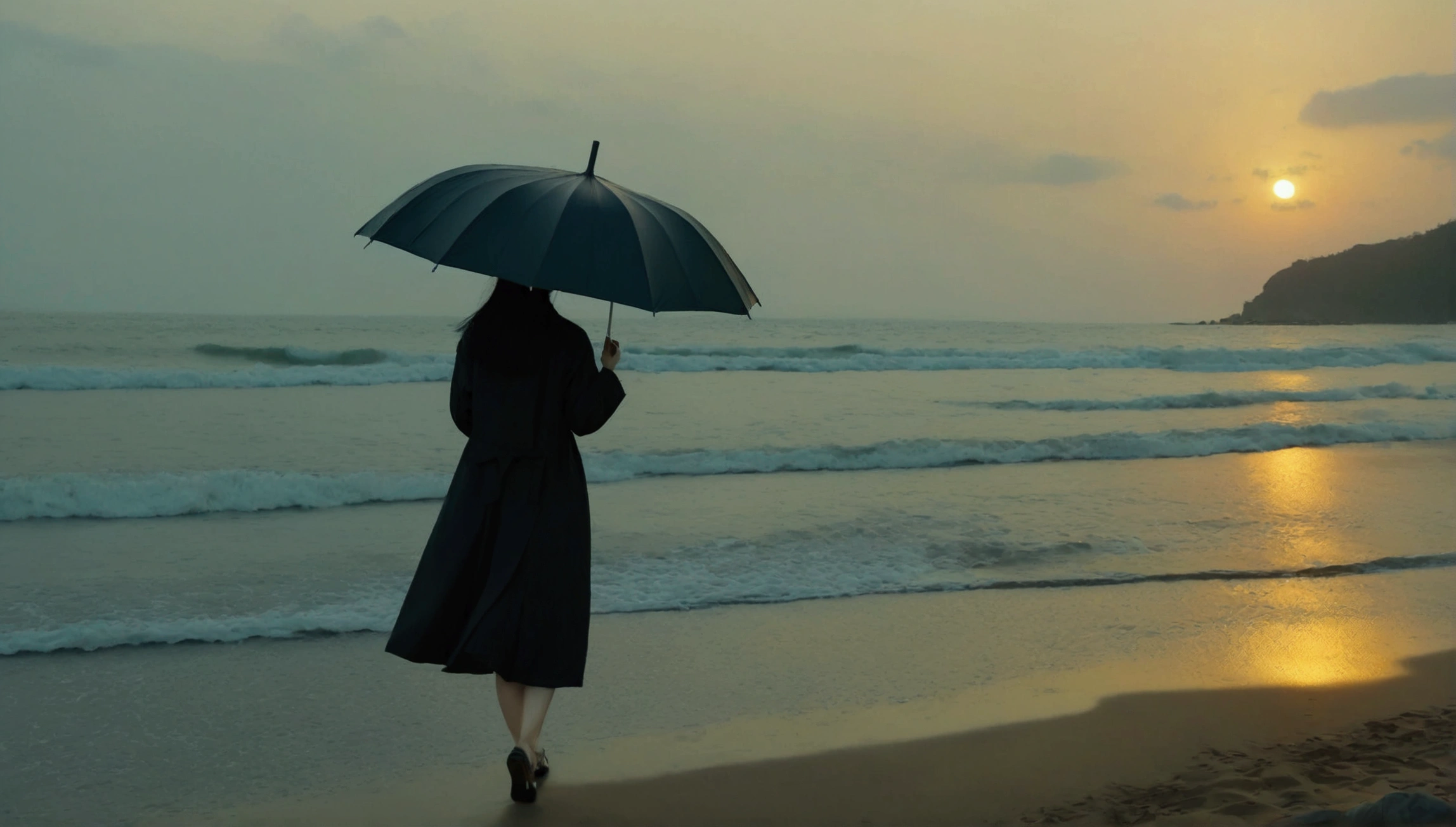 8K, Vivid picture quality, Vivid picture quality, long deserted beach, walking slowly from afar, bob hair, beautiful appearance, body like a female model, sunset의 붉은 빛, sunset, alone, afternoon, depressed, tide가 밀려온다, rain, black umbrella, ocean, tide, wind, Short and slim Korean woman