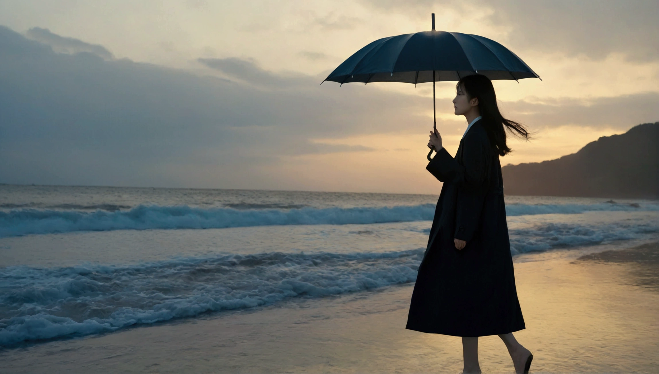 8K, Vivid picture quality, Vivid picture quality, long deserted beach, walking slowly from afar, bob hair, beautiful appearance, body like a female model, sunset의 붉은 빛, sunset, alone, afternoon, depressed, tide가 밀려온다, rain, black umbrella, ocean, tide, wind, Short and slim Korean woman