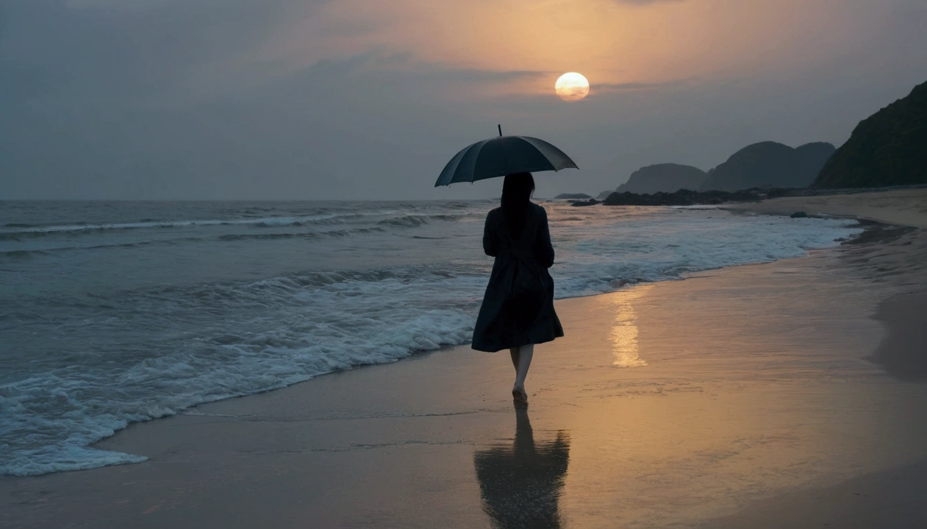 8K, Vivid picture quality, Vivid picture quality, long deserted beach, walking slowly from afar, bob hair, beautiful appearance, body like a female model, sunset의 붉은 빛, sunset, alone, afternoon, depressed, tide가 밀려온다, rain, black umbrella, ocean, tide, wind, Short and slim Korean woman