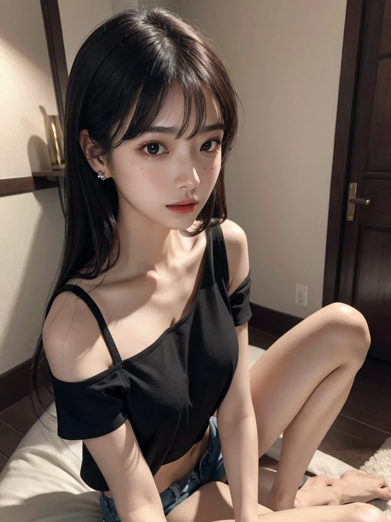 absurdres, RAW photo, extremely delicate and beautiful, masterpiece, Best Quality, ultra high resolution, 32k, hyperrealistic, ultra-detailed, perfect figure, Perfect Style, Perfect balance, in her 20s, very small head, very small face, delicate facial features, tearful mole, earring, (very huge breasts), bare legs, full body shot, medium hair, black hair, bare shoulder, shorts,
