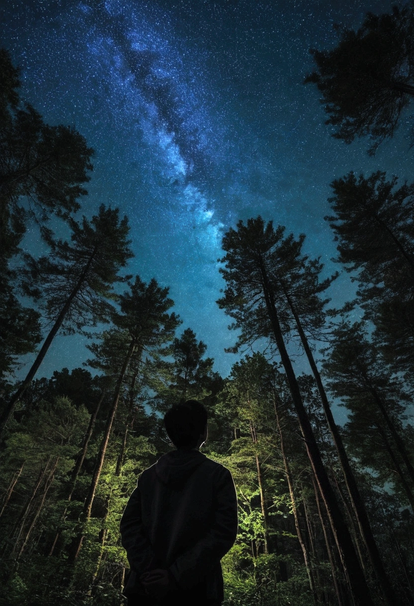 Ezo Momonga looks at the starry sky in the forest