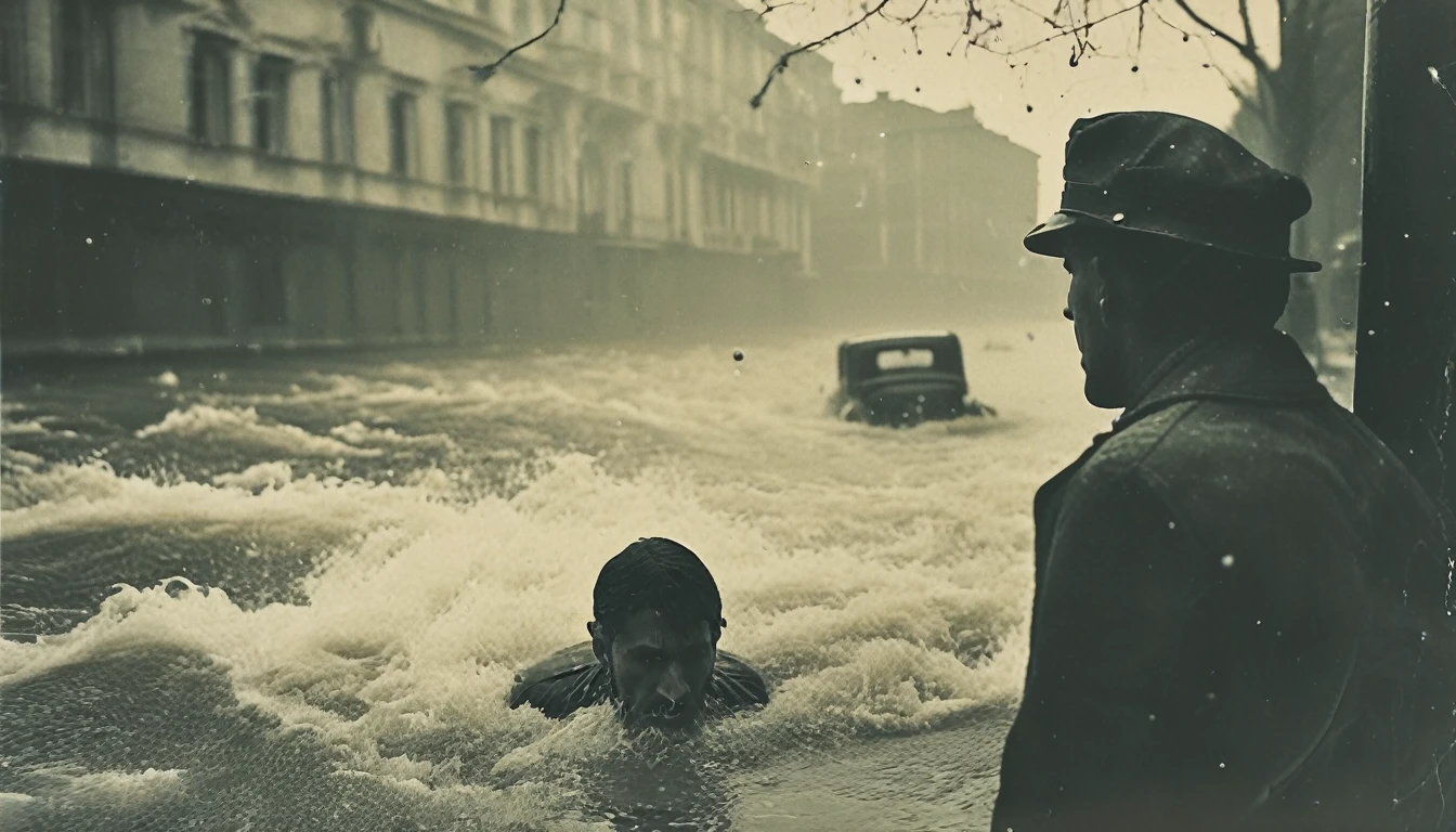 35mm vintage street photo of a man drowning, asking for help