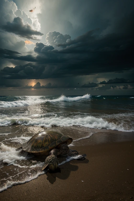 A large turtle and a small turtle crawl out of the sea, where the storm started
