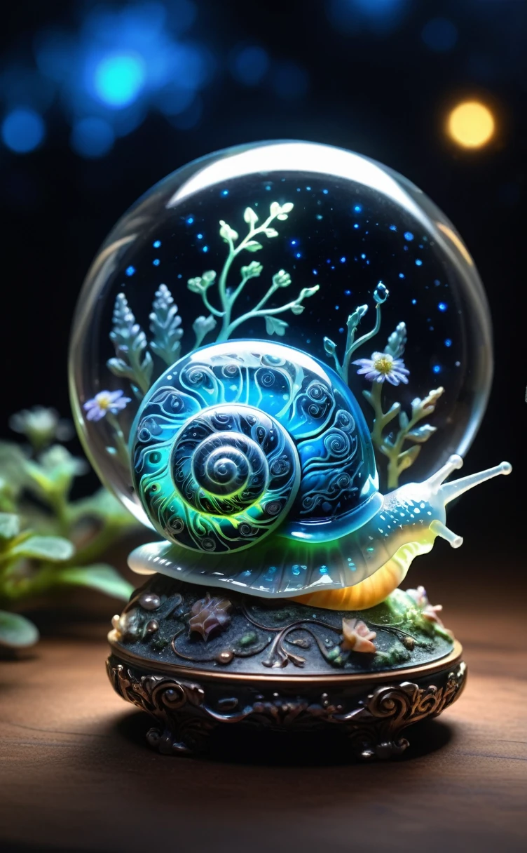 luminous object, aesthetic, extremely detailed, (transparent:1.5) glass snail shell filled with (bioluminescent:2) plants : luminous opalescent : Insanely detailed beautiful snail with glass shell : meticulously detailed filigree snail shell : bioluminescent (glowing:2.1) snail : (shimmering:1.3) : (sparkling:1.6) : extreme contrast and saturation : starry galactic night sky background : magical fantasy artwork : ultra high quality : dramatic lighting : extreme contrast : rule of thirds : HDR : photorealistic : florescent light