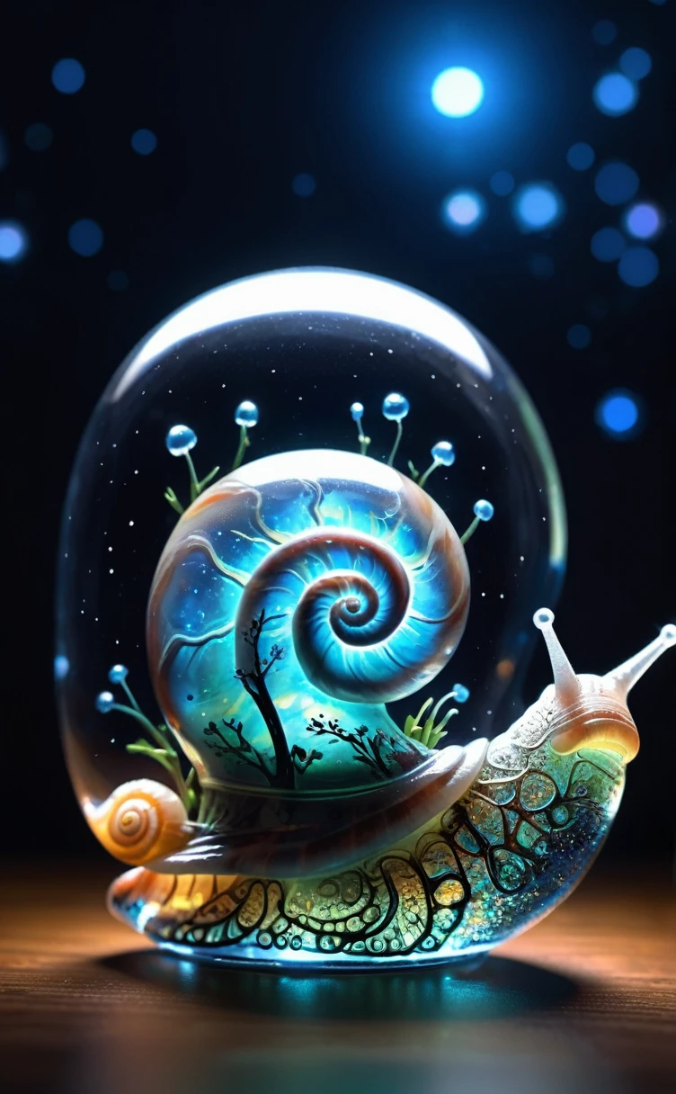 luminous object, aesthetic, extremely detailed, (transparent:1.5) glass snail shell filled with (bioluminescent:2) plants : luminous opalescent : Insanely detailed beautiful snail with glass shell : meticulously detailed filigree snail shell : bioluminescent (glowing:2.1) snail : (shimmering:1.3) : (sparkling:1.6) : extreme contrast and saturation : starry galactic night sky background : magical fantasy artwork : ultra high quality : dramatic lighting : extreme contrast : rule of thirds : HDR : photorealistic : florescent light