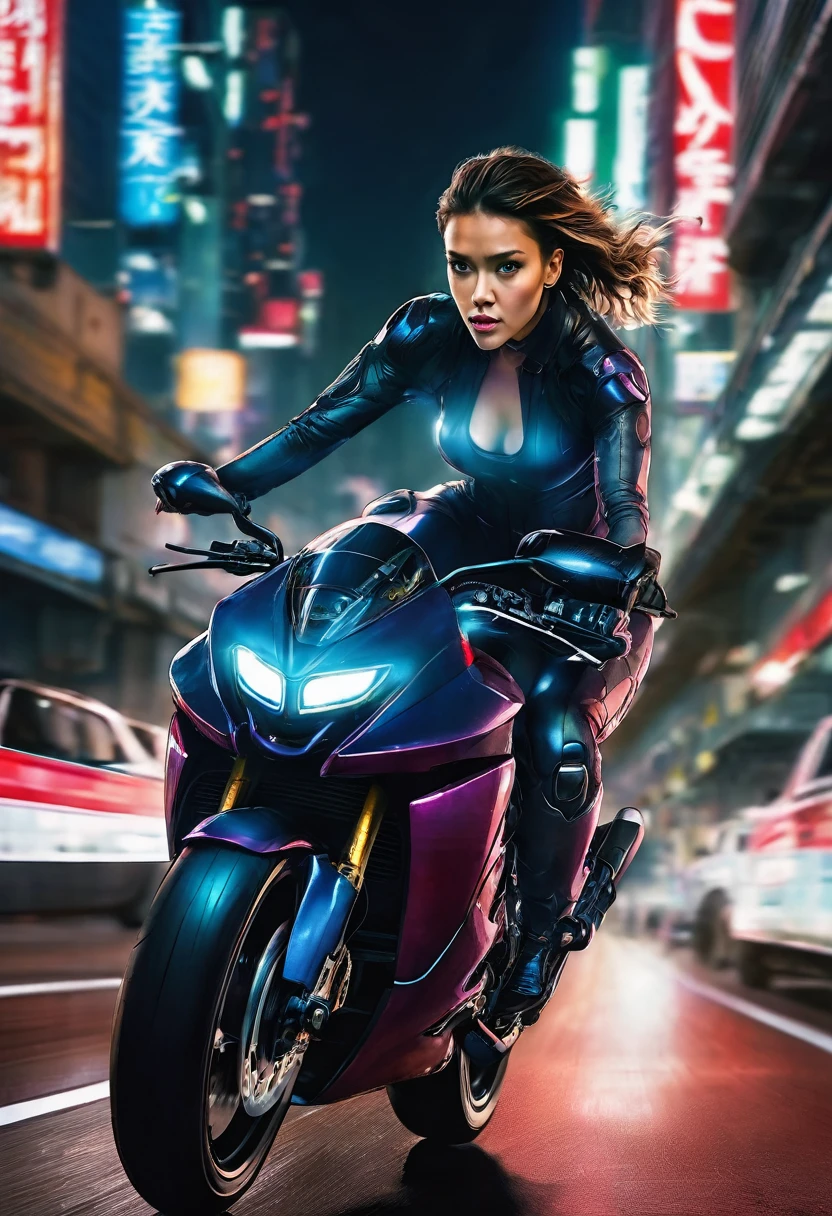 jessica alba wearing a skin tight ghost in the shell body suit riding an akira motorcycle, perspective, from behind, from above, vanishing point, racing down a motorway at night, crouched in a moto racing position, dynamic background, night city, riding really really fast, weaving between traffic
