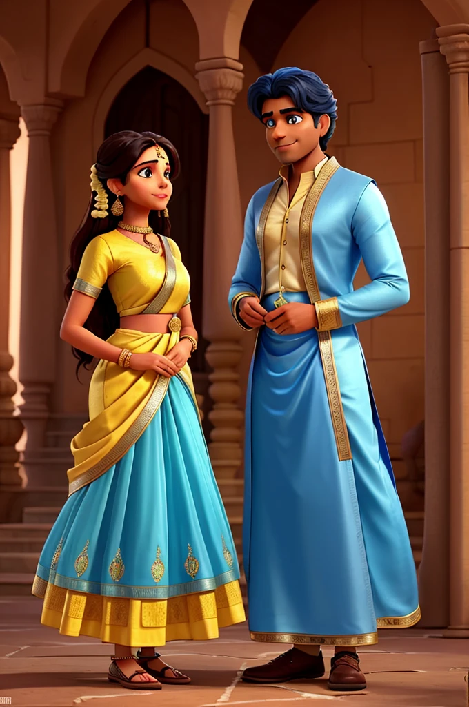 An indian man and woman looking at each other romantically during wedding in the style of beauty and the beast. The man wears blue traditional indian clothes. The woman wears a yellow saree. the man is on the left and woman is on the right.