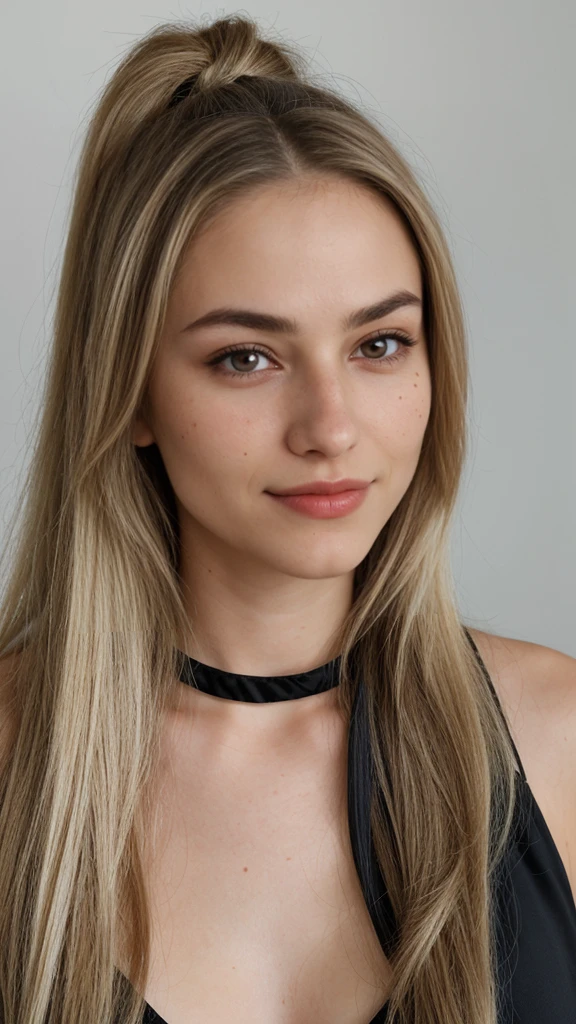 blonde 19 year old woman up close selfie, black string silky bra, blue eyes, smiling eyes, smiling cheeks, dimples, smiling eyebrows, smiling eyelashes Hypertrichosis of the eyebrows, wide sly duckface, super thick eyelashes, super long eyelashes, hair-extensions, looking directly at camera, indoor background, straightened hair, half pony tail, black choker, Charli D' Amelio, Brett Cooper