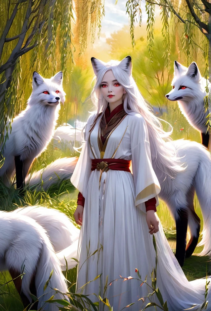 woman,fox,wearing white clothes,white hair,red eyes,standing among the willow trees