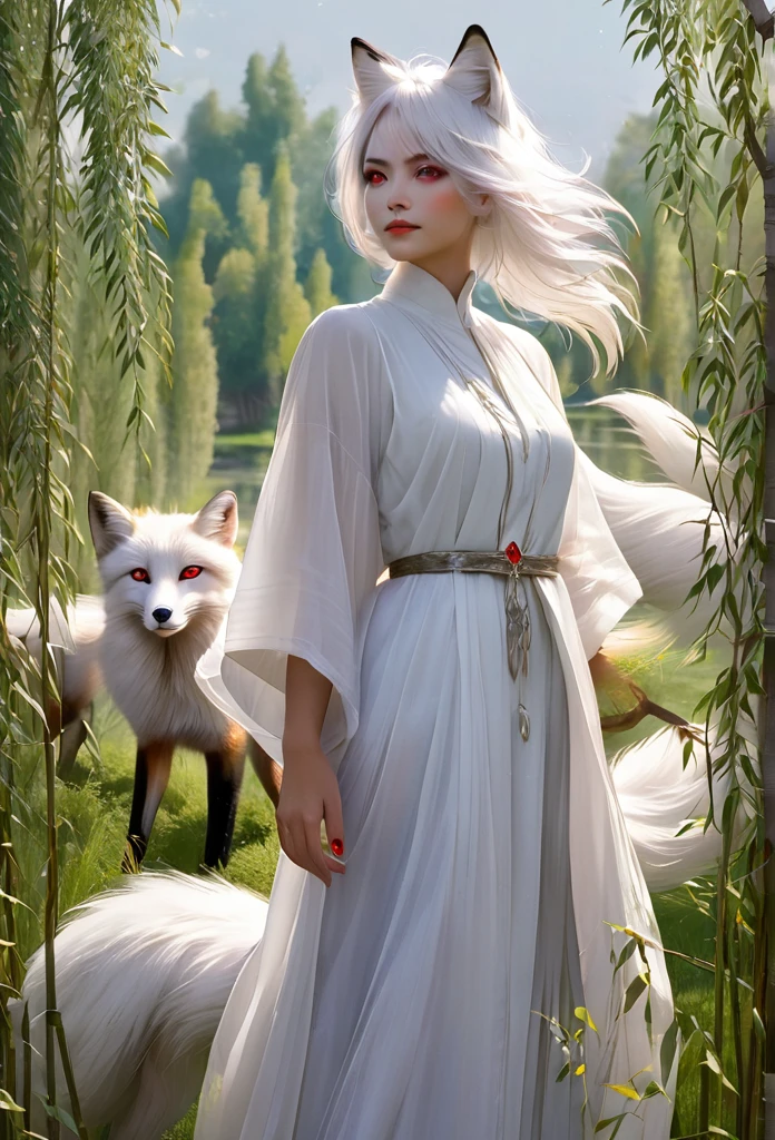 woman,fox,wearing white clothes,white hair,red eyes,standing among the willow trees