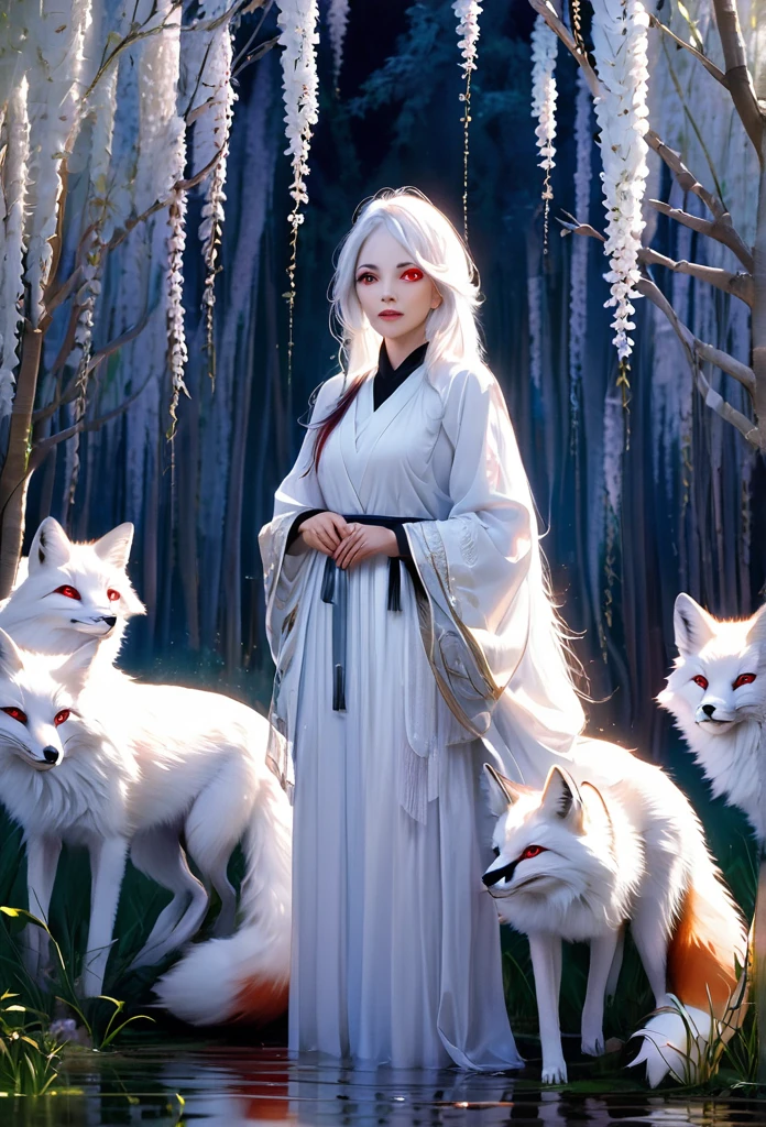 woman,fox,wearing white clothes,white hair,red eyes,standing among the willow trees