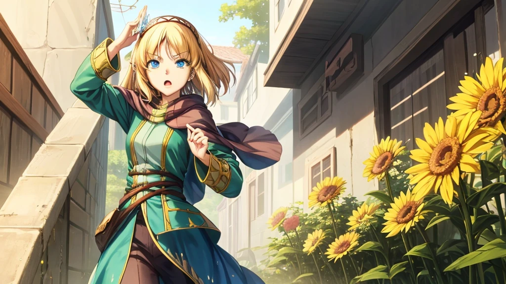 Anime girl holding flowers, Cute anime waifu in a nice dress,  Wearing a dress, I deny it, Official Art, Anime Princess, , Beatrice Blue, Zerochan Art, Royal elegant pose, Official Artワーク, Splash art anime , get annoyed, Kshat Krentz Key Art Female, Detailed fan art, Beautiful teenage girl, , One Girl, Cayna, blonde, short hair, blue eyes, hair ornaments, Very pointy ears