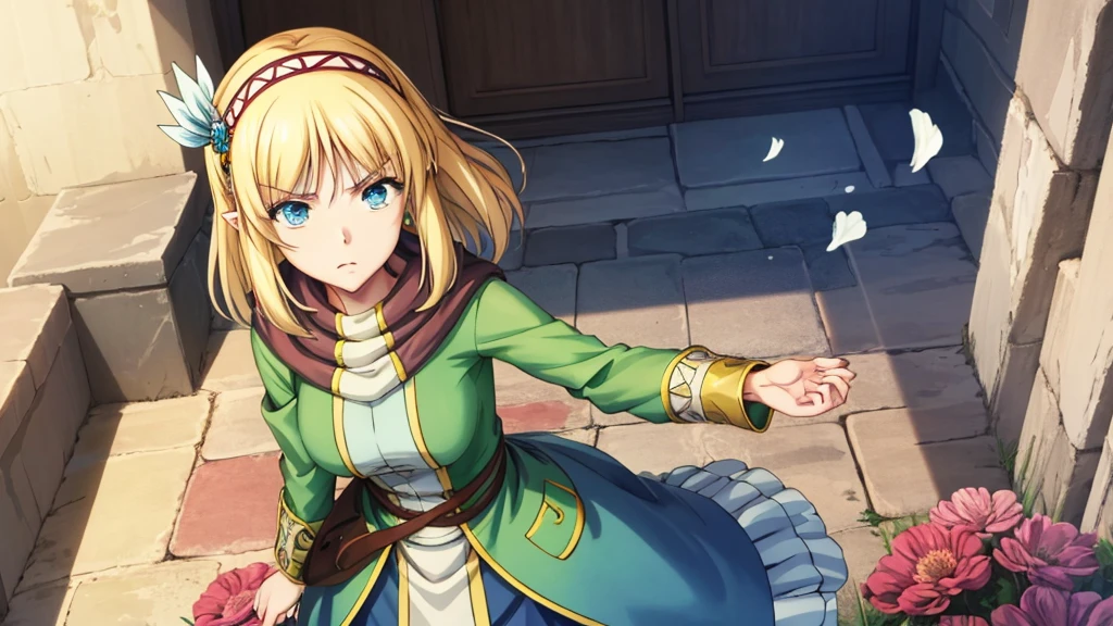 Anime girl holding flowers, Cute anime waifu in a nice dress, Wearing a dress, I deny it, Official Art, Anime Princess, , Beatrice Blue, Zerochan Art, Royal elegant pose, Official Artワーク, Splash art anime , get annoyed, Kshat Krentz Key Art Female, Detailed fan art, Beautiful teenage girl, , One Girl, Cayna, blonde, short hair, blue eyes, hair ornaments, Very pointy ears