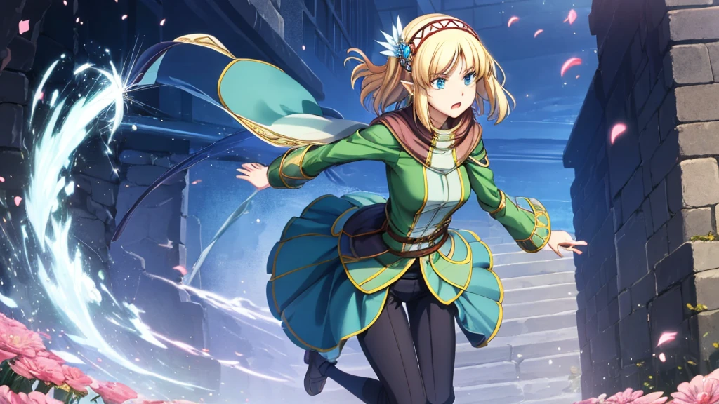 Anime girl holding flowers, Cute anime waifu in a nice dress,  Wearing a dress, I deny it, Official Art, Anime Princess, , Beatrice Blue, Zerochan Art, Royal elegant pose, Official Artワーク, Splash art anime , get annoyed, Kshat Krentz Key Art Female, Detailed fan art, Beautiful teenage girl, , One Girl, Cayna, blonde, short hair, blue eyes, hair ornaments, Very pointy ears