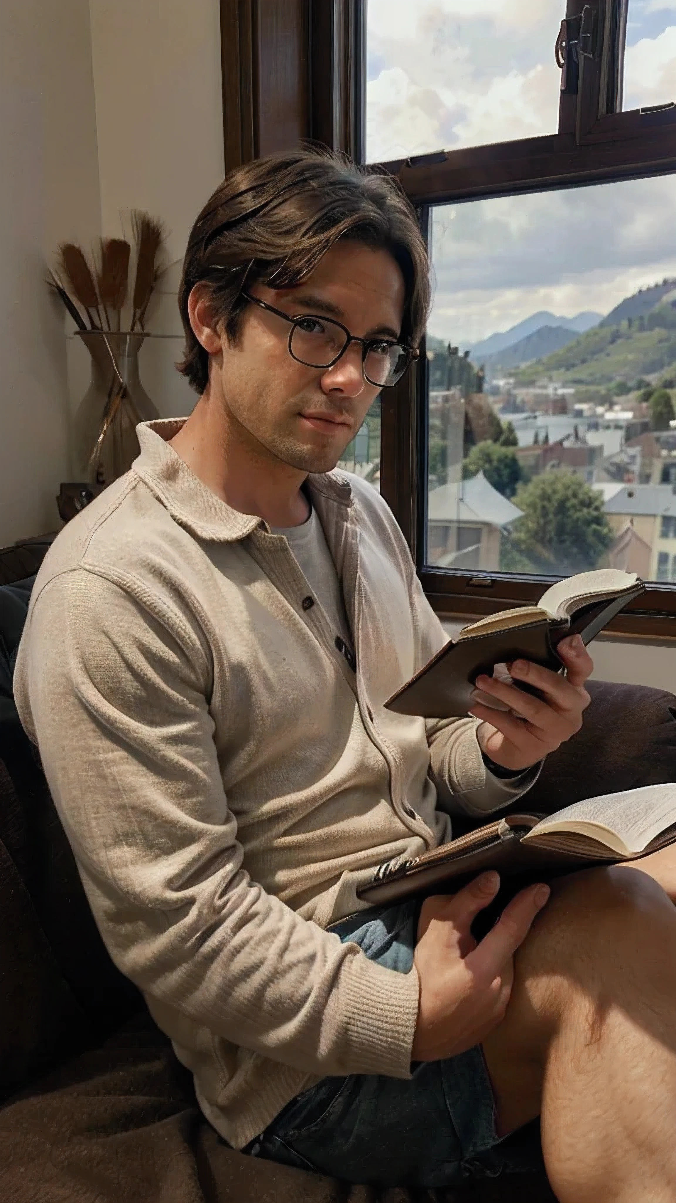 I want you to generate an image of a man wearing glasses with medium brown hair and brown eyes reading a book in a room with a window in the background with a beautiful landscape