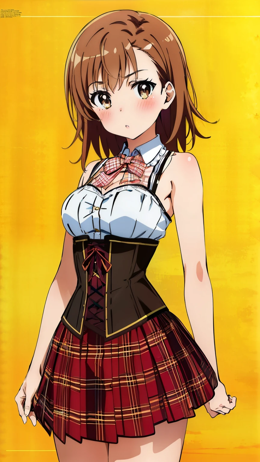 (masterpiece, best quality, 8k:1.2),Very detailed, (anime:1.1), misaka_mikoto, brown hair, medium hair, hairpin, ************, medium breasts, 1girl, (corset, plaid skirt, blush), Cowboy shot, looking at viewer,