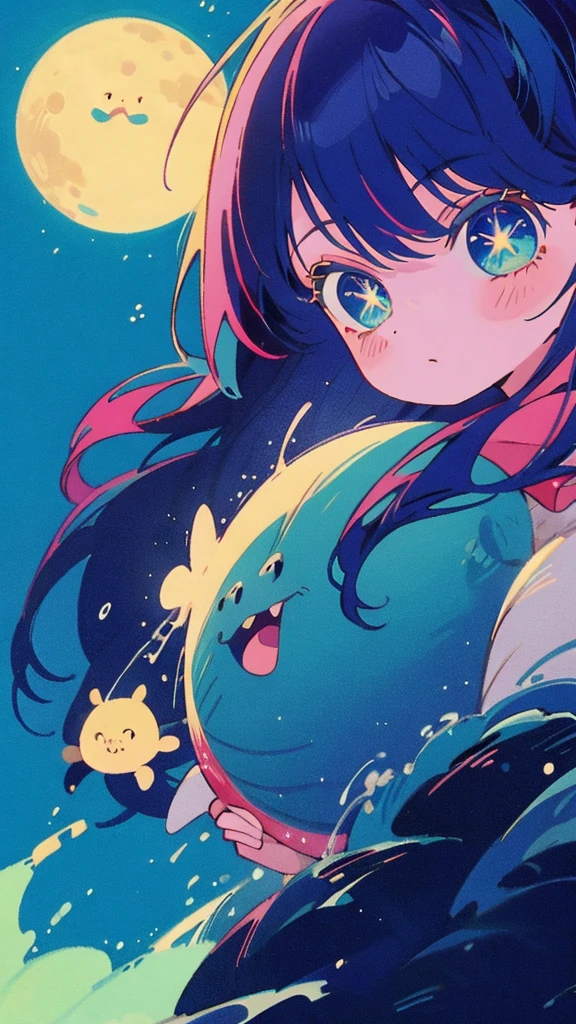 Blue-haired long hair，Design clothing，Seven-doppelganger shot，Anime style 4K，Anime girl with teal hair，High quality anime art style，painting，Splash ink background，Blue Themes、Pure white background,Buildings,Face close-up,Buildings,Moon and sun、Long legs, whale flying in the sky,座っている