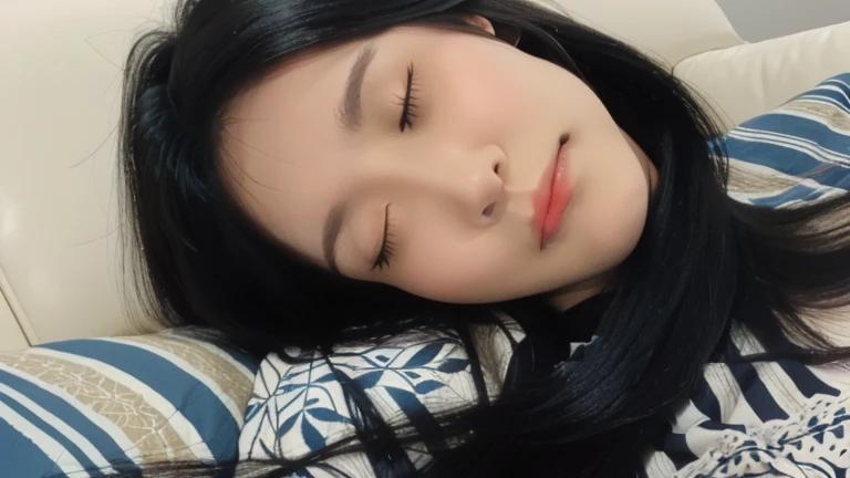 there is a woman sitting on a couch with her eyes closed, sleepy expression, make face horor