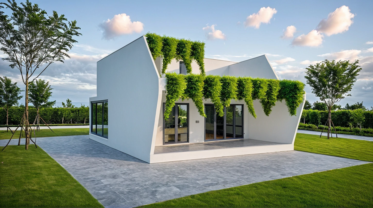 exterior, Masterpiece, high quality, best quality, authentic, super detail, outdoors, onestoreyvillaXL, aiaigroup, house style modern, white wall, glass window ,pavement, grass, trees, dusk sky, cloud, (daylight:1.1)
