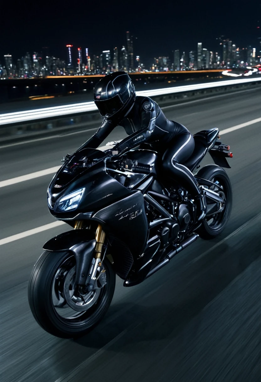 jessica alba wearing a skin tight ghost in the shell body suit riding an akira motorcycle, perspective, from the side, from above, vanishing point, racing down a motorway at night, crouched in a moto racing position, dynamic background, night city, black leather
